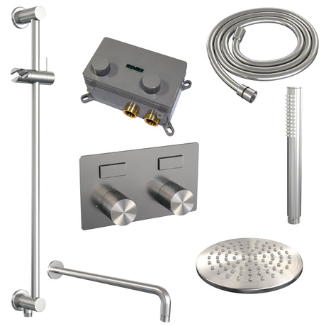 BRAUER Brushed Carving thermostatische inbouw regendouche met drukknoppen SET 63 met 20 cm douchekop en gebogen muurarm en staaf handdouche en doucheslang en geïntegreerde glijstang RVS geborsteld PVD