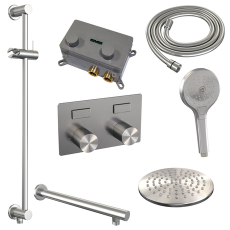 BRAUER Brushed Carving thermostatische inbouw regendouche met drukknoppen SET 67 met 20 cm douchekop en rechte muurarm en 3-standen handdouche en doucheslang en geïntegreerde glijstang RVS geborsteld PVD