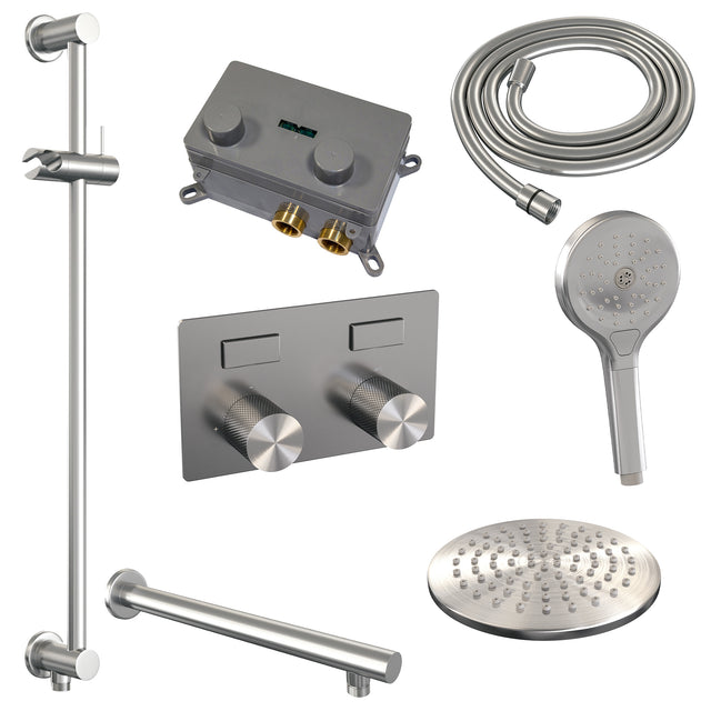 BRAUER Brushed Carving thermostatische inbouw regendouche met drukknoppen SET 67 met 20 cm douchekop en rechte muurarm en 3-standen handdouche en doucheslang en geïntegreerde glijstang RVS geborsteld PVD