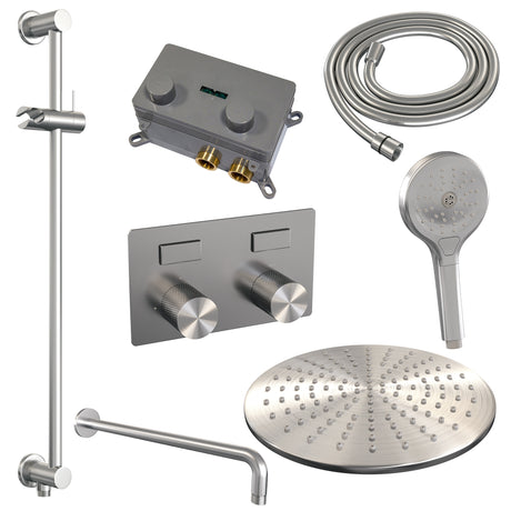 BRAUER Brushed Carving thermostatische inbouw regendouche met drukknoppen SET 70 met 30 cm douchekop en gebogen muurarm en 3-standen handdouche en doucheslang en geïntegreerde glijstang RVS geborsteld PVD
