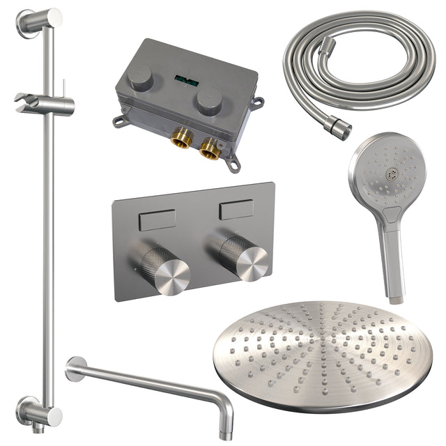 BRAUER Brushed Carving thermostatische inbouw regendouche met drukknoppen SET 70 met 30 cm douchekop en gebogen muurarm en 3-standen handdouche en doucheslang en geïntegreerde glijstang RVS geborsteld PVD