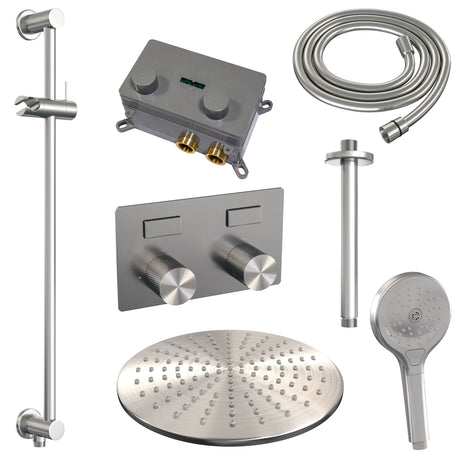 BRAUER Brushed Carving thermostatische inbouw regendouche met drukknoppen SET 72 met 30 cm douchekop en plafondarm en 3-standen handdouche en doucheslang en geïntegreerde glijstang RVS geborsteld PVD