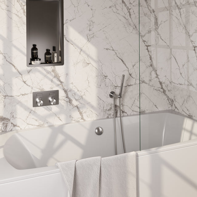BRAUER Brushed Edition thermostatische inbouw badkraan met drukknoppen SET 03 met badvulcombinatie en staaf handdouche en doucheslang en wandaansluitbocht RVS geborsteld PVD 5-NG-208