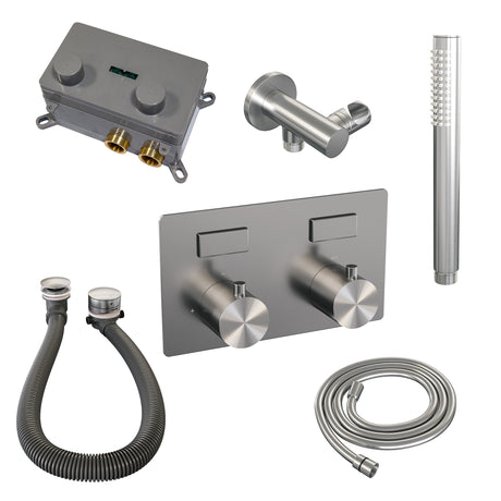 BRAUER Brushed Edition thermostatische inbouw badkraan met drukknoppen SET 03 met badvulcombinatie en staaf handdouche en doucheslang en wandaansluitbocht RVS geborsteld PVD 5-NG-208