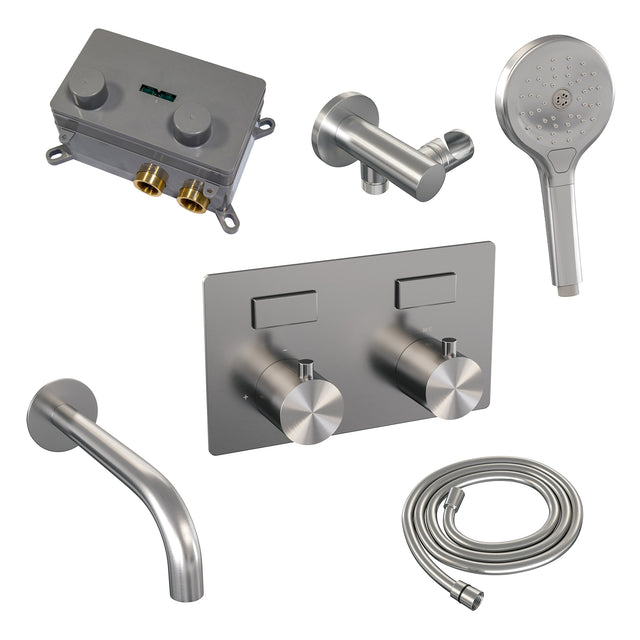 BRAUER Brushed Edition thermostatische inbouw badkraan met drukknoppen SET 04 met uitloop en 3-standen handdouche en doucheslang en wandaansluitbocht RVS geborsteld PVD 5-NG-211