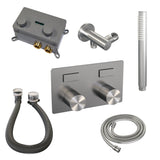BRAUER Brushed Carving thermostatische inbouw badkraan met drukknoppen SET 03 met badvulcombinatie en staaf handdouche en doucheslang en wandaansluitbocht RVS geborsteld PVD 5-NG-212