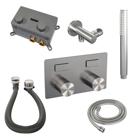 BRAUER Brushed Carving thermostatische inbouw badkraan met drukknoppen SET 03 met badvulcombinatie en staaf handdouche en doucheslang en wandaansluitbocht RVS geborsteld PVD 5-NG-212