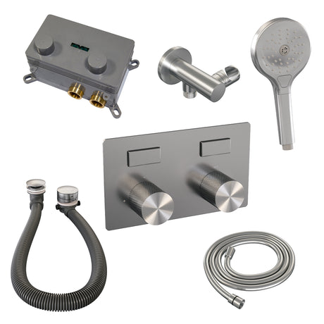 BRAUER Brushed Carving thermostatische inbouw badkraan met drukknoppen SET 04 met badvulcombinatie en 3-standen handdouche en doucheslang en wandaansluitbocht RVS geborsteld PVD 5-NG-213