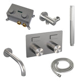 BRAUER Brushed Carving thermostatische inbouw badkraan met drukknoppen SET 03 met uitloop en staaf handdouche en doucheslang en wandaansluitbocht RVS geborsteld PVD 5-NG-214