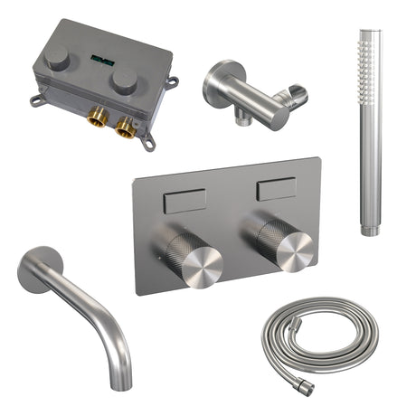 BRAUER Brushed Carving thermostatische inbouw badkraan met drukknoppen SET 03 met uitloop en staaf handdouche en doucheslang en wandaansluitbocht RVS geborsteld PVD 5-NG-214