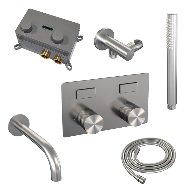 BRAUER Brushed Carving thermostatische inbouw badkraan met drukknoppen SET 03 met uitloop en staaf handdouche en doucheslang en wandaansluitbocht RVS geborsteld PVD 5-NG-214
