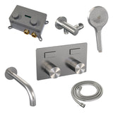 BRAUER Brushed Carving thermostatische inbouw badkraan met drukknoppen SET 04 met uitloop en 3-standen handdouche en doucheslang en wandaansluitbocht RVS geborsteld PVD 5-NG-215