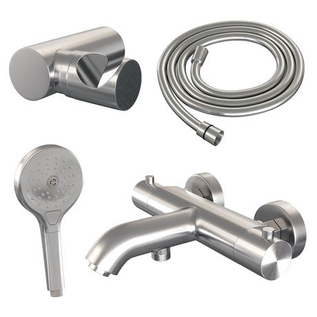 BRAUER Brushed Edition opbouw baddouche thermostaatkraan SET 04 met wandhouder en 3-standen handdouche en doucheslang RVS geborsteld PVD 5-NG-233
