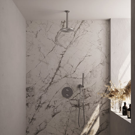 BRAUER Brushed Edition thermostatische inbouw regendouche 3-weg rond SET 77 met 20 cm douchekop en plafondarm en staaf handdouche en doucheslang en wandaansluitbocht RVS geborsteld PVD 5-NG-271
