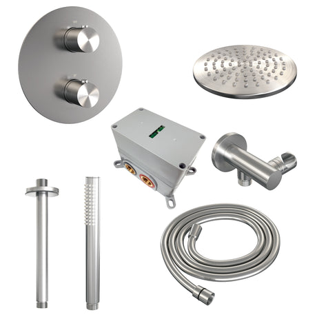 BRAUER Brushed Edition thermostatische inbouw regendouche 3-weg rond SET 77 met 20 cm douchekop en plafondarm en staaf handdouche en doucheslang en wandaansluitbocht RVS geborsteld PVD 5-NG-271