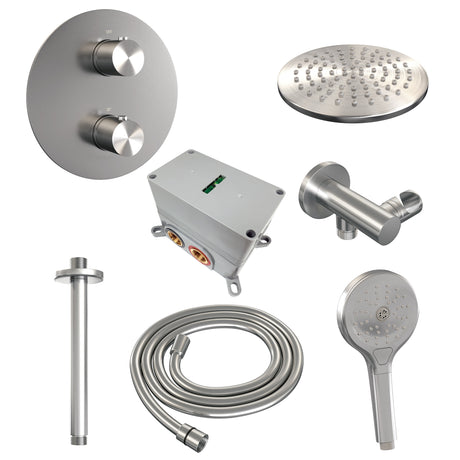 BRAUER Brushed Edition thermostatische inbouw regendouche 3-weg rond SET 83 met 20 cm douchekop en plafondarm en 3-standen handdouche en doucheslang en wandaansluitbocht RVS geborsteld PVD 5-NG-277