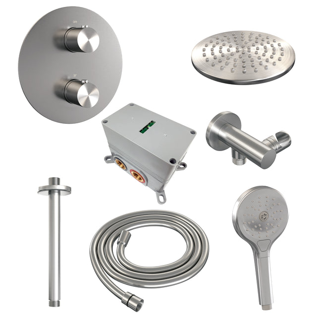 BRAUER Brushed Edition thermostatische inbouw regendouche 3-weg rond SET 83 met 20 cm douchekop en plafondarm en 3-standen handdouche en doucheslang en wandaansluitbocht RVS geborsteld PVD 5-NG-277