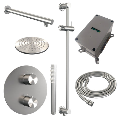 BRAUER Brushed Edition thermostatische inbouw regendouche 3-weg rond SET 85 met 20 cm douchekop en rechte muurarm en staaf handdouche en doucheslang en geÃ¯ntegreerde glijstang RVS geborsteld PVD 5-NG-279