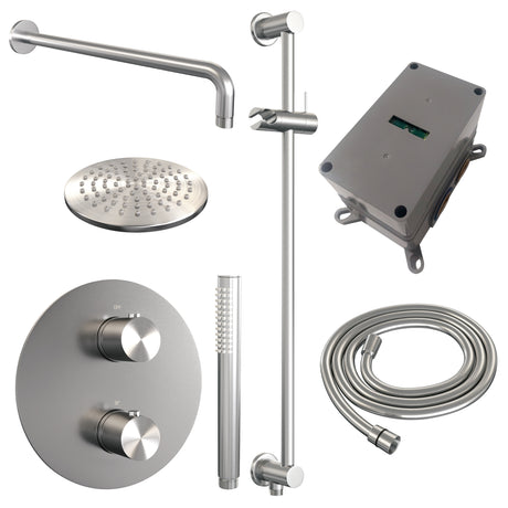BRAUER Brushed Edition thermostatische inbouw regendouche 3-weg rond SET 87 met 20 cm douchekop en gebogen muurarm en staaf handdouche en doucheslang en geÃ¯ntegreerde glijstang RVS geborsteld PVD 5-NG-281