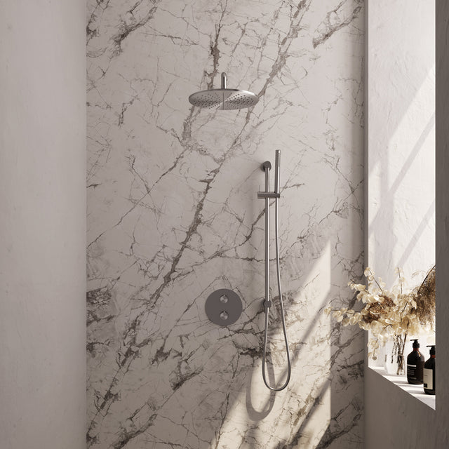 BRAUER Brushed Edition thermostatische inbouw regendouche 3-weg rond SET 88 met 30 cm douchekop en gebogen muurarm en staaf handdouche en doucheslang en geÃ¯ntegreerde glijstang RVS geborsteld PVD 5-NG-282