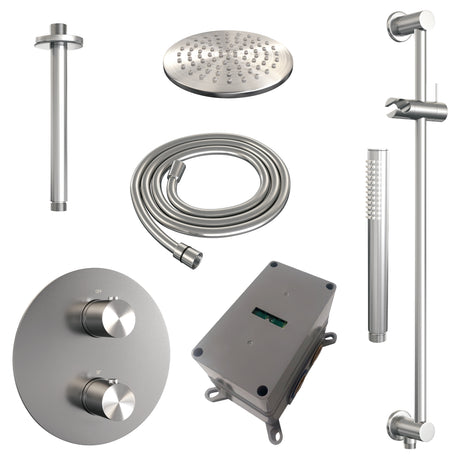 BRAUER Brushed Edition thermostatische inbouw regendouche 3-weg rond SET 89 met 20 cm douchekop en plafondarm en staaf handdouche en doucheslang en geÃ¯ntegreerde glijstang RVS geborsteld PVD 5-NG-283