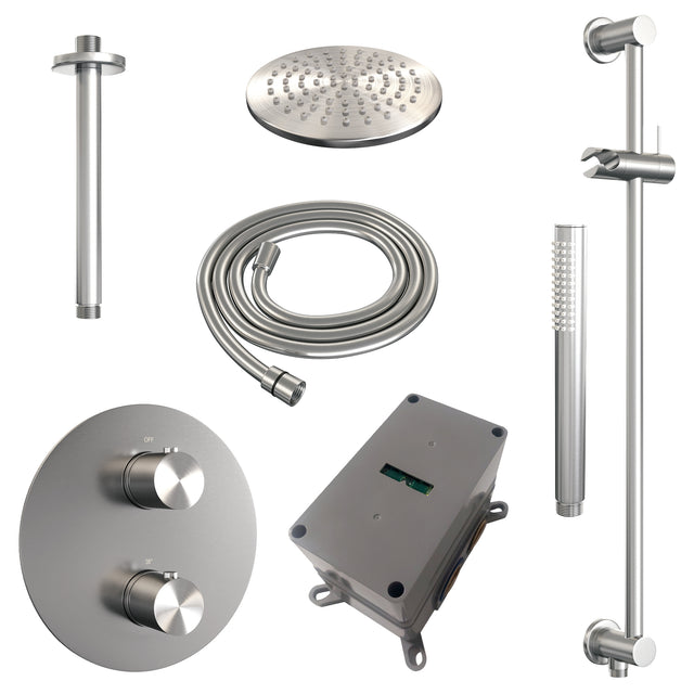 BRAUER Brushed Edition thermostatische inbouw regendouche 3-weg rond SET 89 met 20 cm douchekop en plafondarm en staaf handdouche en doucheslang en geÃ¯ntegreerde glijstang RVS geborsteld PVD 5-NG-283