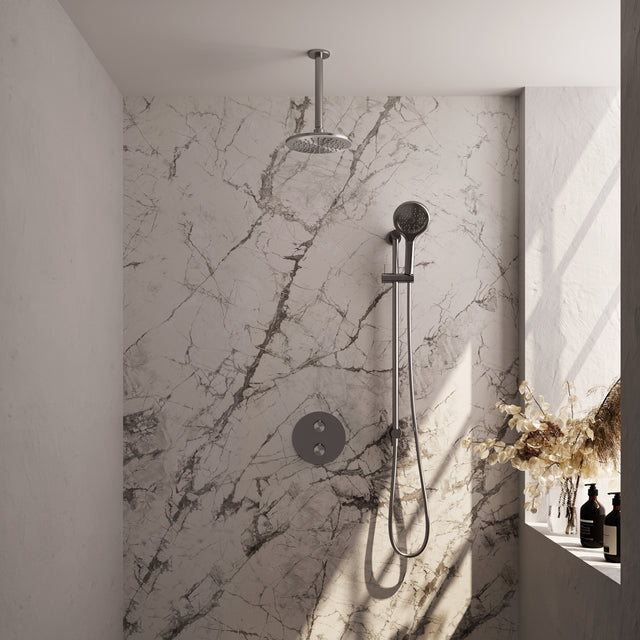 BRAUER Brushed Edition thermostatische inbouw regendouche 3-weg rond SET 95 met 20 cm douchekop en plafondarm en 3-standen handdouche en doucheslang en geÃ¯ntegreerde glijstang RVS geborsteld PVD 5-NG-289