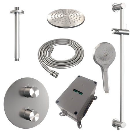 BRAUER Brushed Edition thermostatische inbouw regendouche 3-weg rond SET 95 met 20 cm douchekop en plafondarm en 3-standen handdouche en doucheslang en geÃ¯ntegreerde glijstang RVS geborsteld PVD 5-NG-289