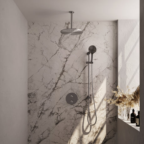 BRAUER Brushed Edition thermostatische inbouw regendouche 3-weg rond SET 96 met 30 cm douchekop en plafondarm en 3-standen handdouche en doucheslang en geÃ¯ntegreerde glijstang RVS geborsteld PVD 5-NG-290