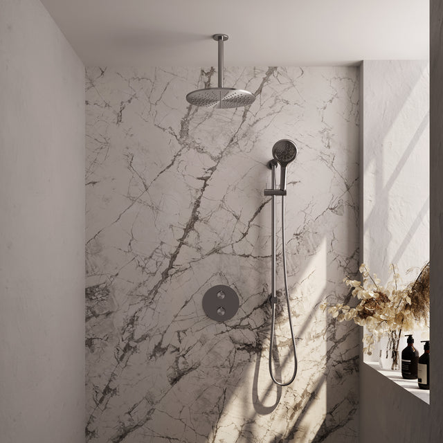BRAUER Brushed Edition thermostatische inbouw regendouche 3-weg rond SET 96 met 30 cm douchekop en plafondarm en 3-standen handdouche en doucheslang en geÃ¯ntegreerde glijstang RVS geborsteld PVD 5-NG-290