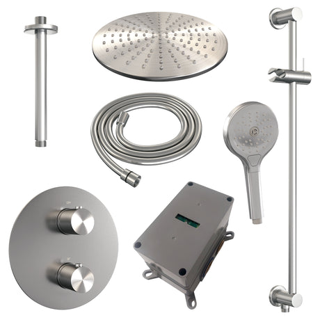 BRAUER Brushed Edition thermostatische inbouw regendouche 3-weg rond SET 96 met 30 cm douchekop en plafondarm en 3-standen handdouche en doucheslang en geÃ¯ntegreerde glijstang RVS geborsteld PVD 5-NG-290