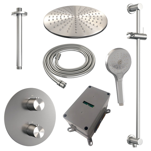 BRAUER Brushed Edition thermostatische inbouw regendouche 3-weg rond SET 96 met 30 cm douchekop en plafondarm en 3-standen handdouche en doucheslang en geÃ¯ntegreerde glijstang RVS geborsteld PVD 5-NG-290