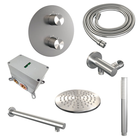 BRAUER Brushed Carving thermostatische inbouw regendouche 3-weg rond SET 73 met 20 cm douchekop en rechte muurarm en staaf handdouche en doucheslang en wandaansluitbocht RVS geborsteld PVD 5-NG-291