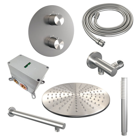 BRAUER Brushed Carving thermostatische inbouw regendouche 3-weg rond SET 74 met 30 cm douchekop en rechte muurarm en staaf handdouche en doucheslang en wandaansluitbocht RVS geborsteld PVD 5-NG-292