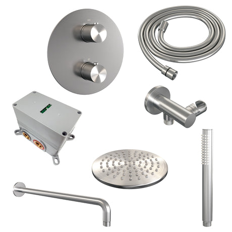 BRAUER Brushed Carving thermostatische inbouw regendouche 3-weg rond SET 75 met 20 cm douchekop en gebogen muurarm en staaf handdouche en doucheslang en wandaansluitbocht RVS geborsteld PVD 5-NG-293