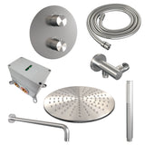 BRAUER Brushed Carving thermostatische inbouw regendouche 3-weg rond SET 76 met 30 cm douchekop en gebogen muurarm en staaf handdouche en doucheslang en wandaansluitbocht RVS geborsteld PVD 5-NG-294