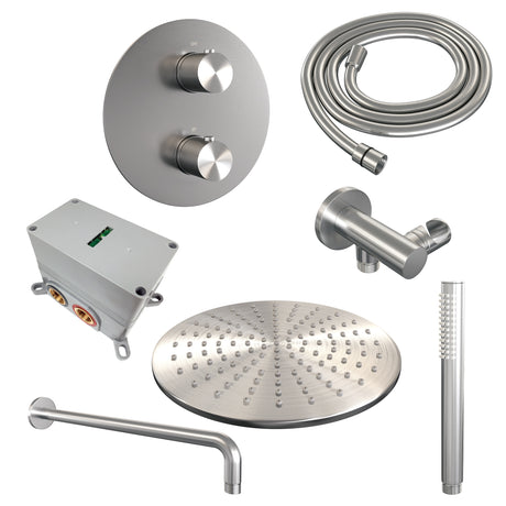BRAUER Brushed Carving thermostatische inbouw regendouche 3-weg rond SET 76 met 30 cm douchekop en gebogen muurarm en staaf handdouche en doucheslang en wandaansluitbocht RVS geborsteld PVD 5-NG-294