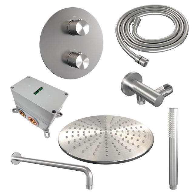 BRAUER Brushed Carving thermostatische inbouw regendouche 3-weg rond SET 76 met 30 cm douchekop en gebogen muurarm en staaf handdouche en doucheslang en wandaansluitbocht RVS geborsteld PVD 5-NG-294
