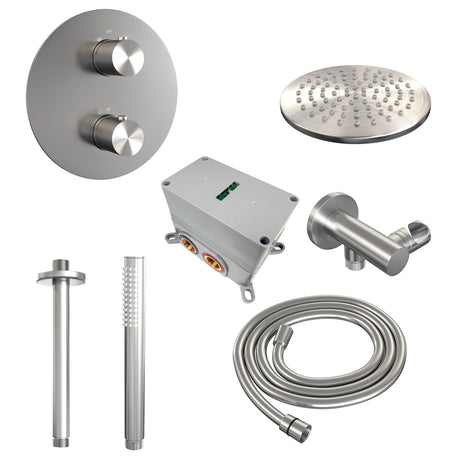 BRAUER Brushed Carving thermostatische inbouw regendouche 3-weg rond SET 77 met 20 cm douchekop en plafondarm en staaf handdouche en doucheslang en wandaansluitbocht RVS geborsteld PVD 5-NG-295