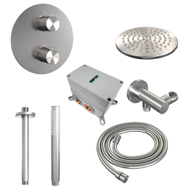 BRAUER Brushed Carving thermostatische inbouw regendouche 3-weg rond SET 77 met 20 cm douchekop en plafondarm en staaf handdouche en doucheslang en wandaansluitbocht RVS geborsteld PVD 5-NG-295