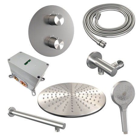 BRAUER Brushed Carving thermostatische inbouw regendouche 3-weg rond SET 80 met 30 cm douchekop en rechte muurarm en 3-standen handdouche en doucheslang en wandaansluitbocht RVS geborsteld PVD 5-NG-298