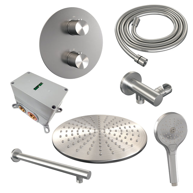 BRAUER Brushed Carving thermostatische inbouw regendouche 3-weg rond SET 80 met 30 cm douchekop en rechte muurarm en 3-standen handdouche en doucheslang en wandaansluitbocht RVS geborsteld PVD 5-NG-298