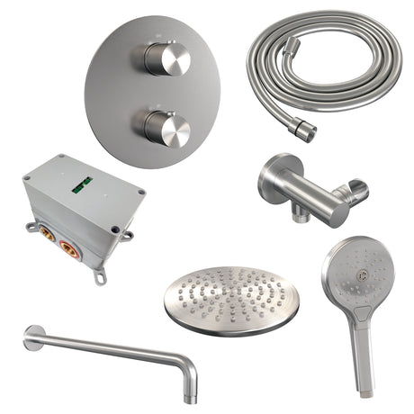 BRAUER Brushed Carving thermostatische inbouw regendouche 3-weg rond SET 81 met 20 cm douchekop en gebogen muurarm en 3-standen handdouche en doucheslang en wandaansluitbocht RVS geborsteld PVD 5-NG-299