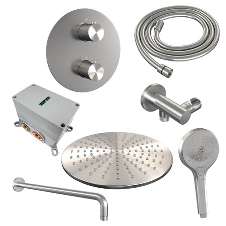 BRAUER Brushed Carving thermostatische inbouw regendouche 3-weg rond SET 82 met 30 cm douchekop en gebogen muurarm en 3-standen handdouche en doucheslang en wandaansluitbocht RVS geborsteld PVD 5-NG-300