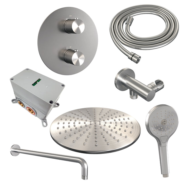 BRAUER Brushed Carving thermostatische inbouw regendouche 3-weg rond SET 82 met 30 cm douchekop en gebogen muurarm en 3-standen handdouche en doucheslang en wandaansluitbocht RVS geborsteld PVD 5-NG-300