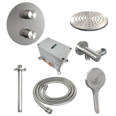 BRAUER Brushed Carving thermostatische inbouw regendouche 3-weg rond SET 83 met 20 cm douchekop en plafondarm en 3-standen handdouche en doucheslang en wandaansluitbocht RVS geborsteld PVD 5-NG-301