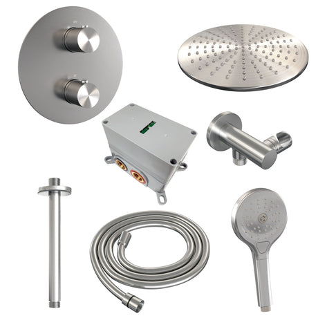 BRAUER Brushed Carving thermostatische inbouw regendouche 3-weg rond SET 84 met 30 cm douchekop en plafondarm en 3-standen handdouche en doucheslang en wandaansluitbocht RVS geborsteld PVD 5-NG-302