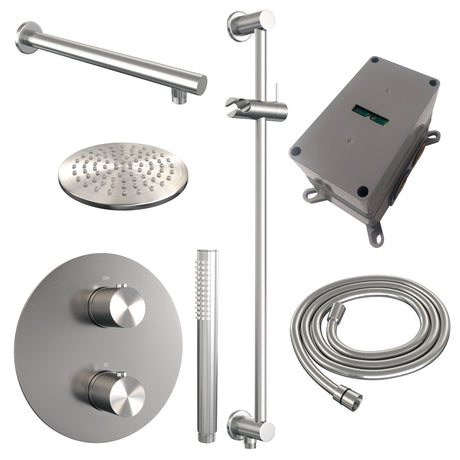 BRAUER Brushed Carving thermostatische inbouw regendouche 3-weg rond SET 85 met 20 cm douchekop en rechte muurarm en staaf handdouche en doucheslang en geÃ¯ntegreerde glijstang RVS geborsteld PVD 5-NG-303