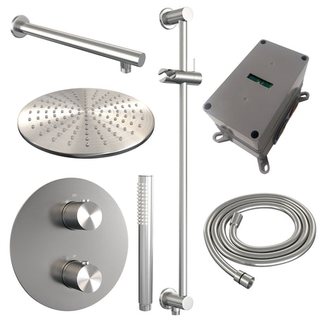BRAUER Brushed Carving thermostatische inbouw regendouche 3-weg rond SET 86 met 30 cm douchekop en rechte muurarm en staaf handdouche en doucheslang en geÃ¯ntegreerde glijstang RVS geborsteld PVD 5-NG-304