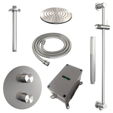 BRAUER Brushed Carving thermostatische inbouw regendouche 3-weg rond SET 89 met 20 cm douchekop en plafondarm en staaf handdouche en doucheslang en geÃ¯ntegreerde glijstang RVS geborsteld PVD 5-NG-307